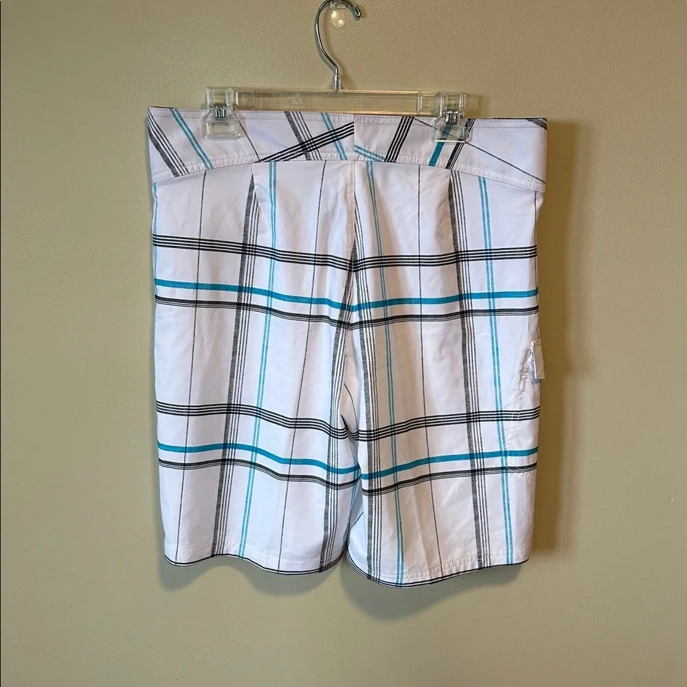 Mossimo Supply Co White Plaid Swim Shorts with Teal & Black Stripes-Size 34